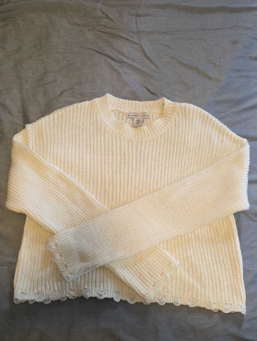 Sincerely Jules Cream Ribbed Crewneck Sweater with Scalloped Hem